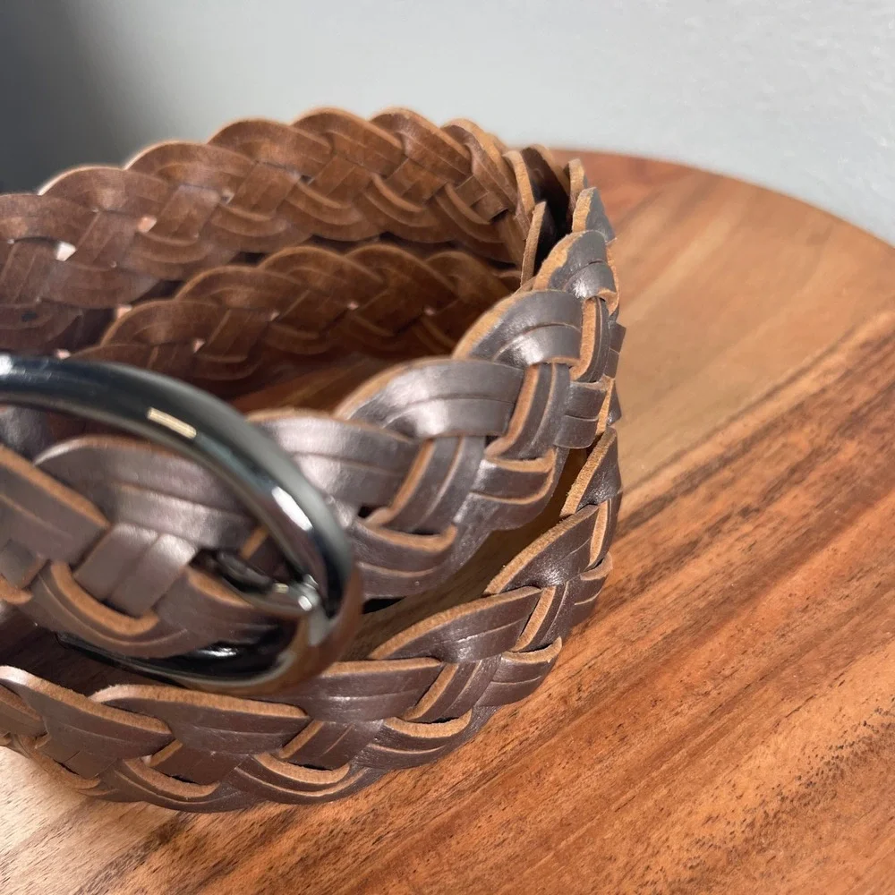 Brown Braided Leather Women's Belt Size L with silver buckle